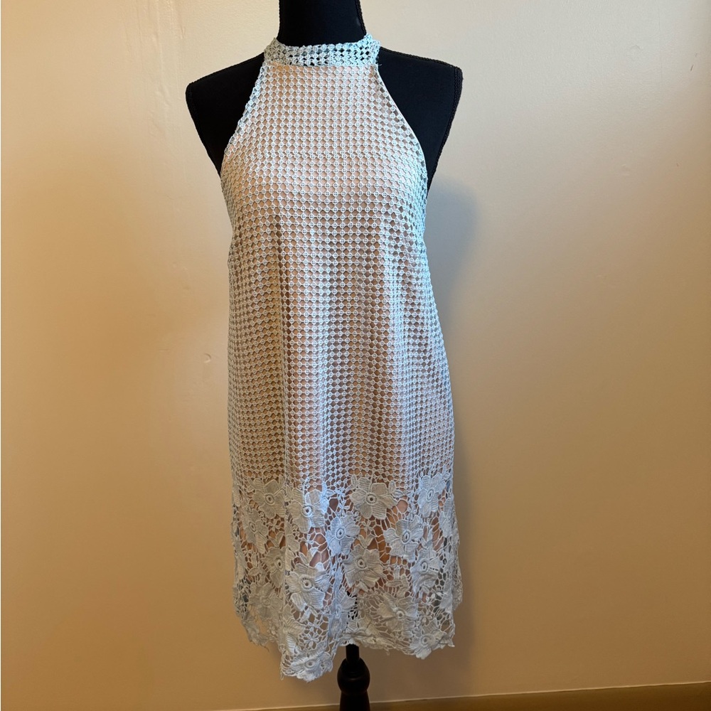 Sz 2 Missguided A line shift dress blue crocheted lace overlay with nude NWT